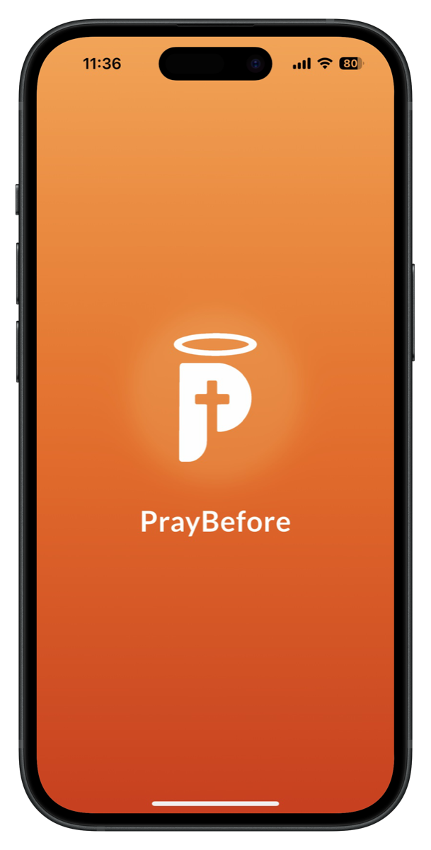 Écran d’accueil PrayBefore avec le logo de l’application