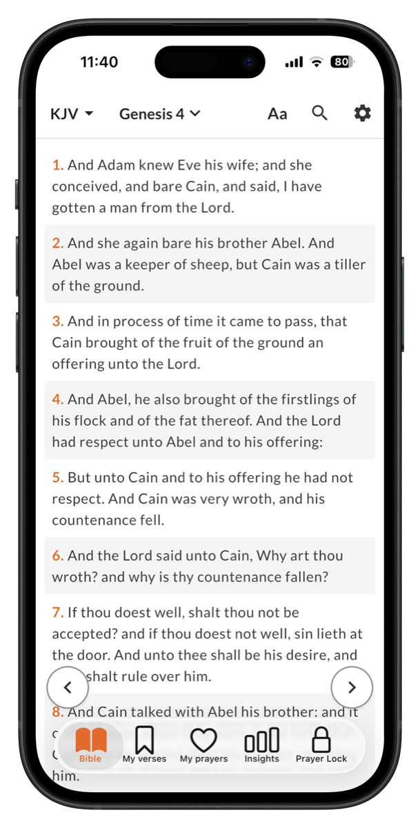 Écran de lecture biblique PrayBefore montrant la Genèse en King James Version